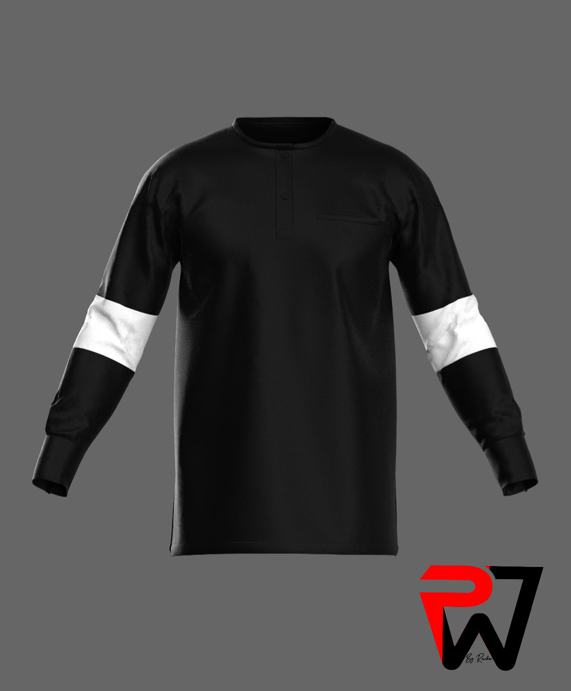 A sleek black clergy tunic accented with bold white armbands